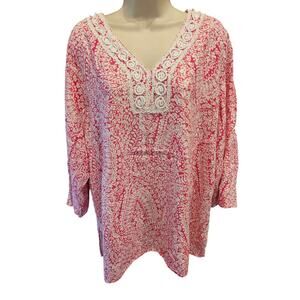 Kenar linen blend pink tunic top women's 1X boho lace trim EUC 1/2 sleeve